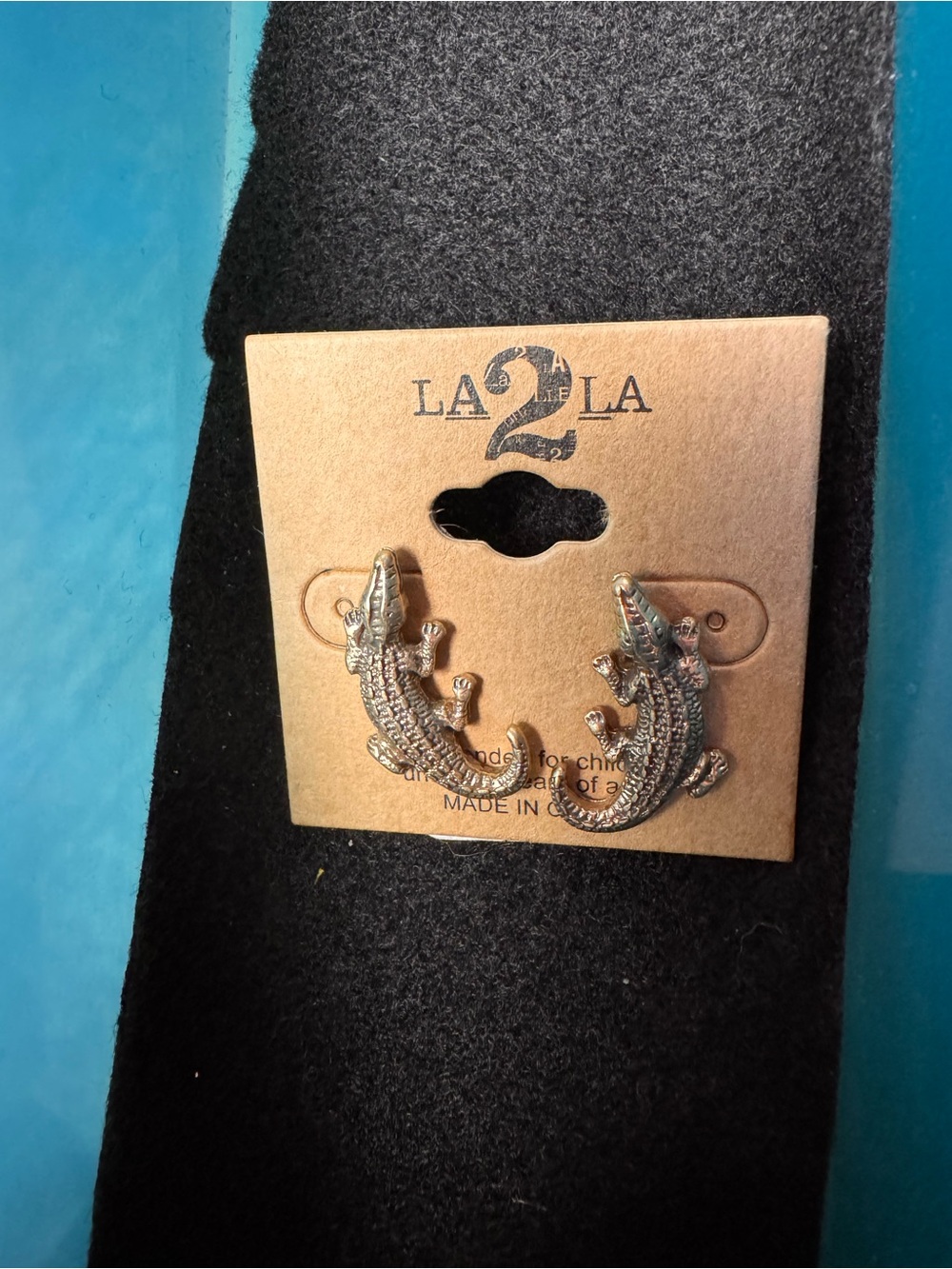 LA2LA Crocodile Stud Earrings - Antique Gold Tone